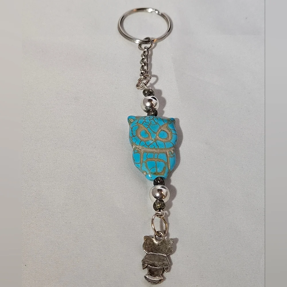 Turquoise Owl Charm With Silver Accents Keychain Keyring Handmade